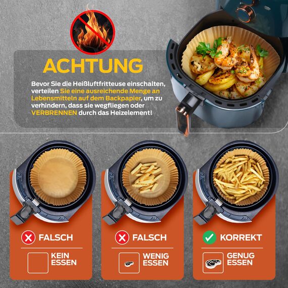 PORTENTUM Backpapier für Heißluftfritteuse 100 Stück, Einweg und ungebleicht. Geeignet für 3.5 bis 6 Liter. Lebensmittelechtes Backpapier, BPA-frei, FDA- und LFGB-zertifiziert