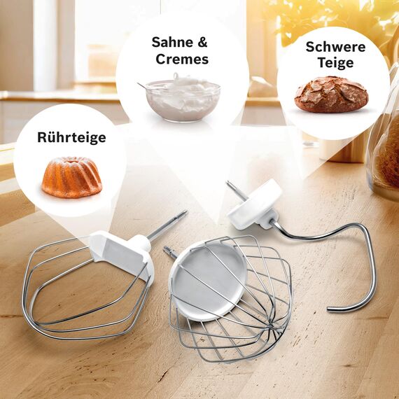 Bosch Küchenmaschine Serie 4, Edelstahl-Schüssel 3,9 L, Knethaken, Schlag- und Rührbesen Edelstahl spülmaschinenfest, Mixer 1,25 L, Durchlaufschnitzler, 3 Scheiben, 1000 W, Weiß, MUM58W20
