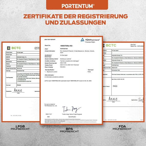 PORTENTUM Backpapier für Heißluftfritteuse 100 Stück, Einweg und ungebleicht. Geeignet für 3.5 bis 6 Liter. Lebensmittelechtes Backpapier, BPA-frei, FDA- und LFGB-zertifiziert