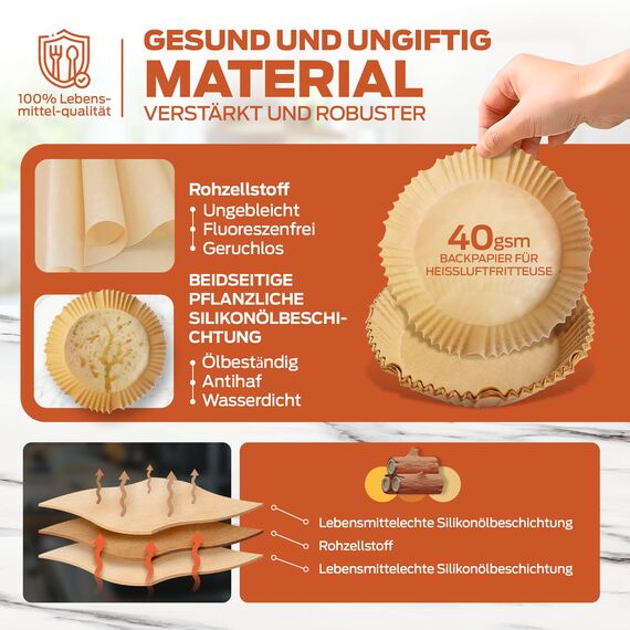 PORTENTUM Backpapier für Heißluftfritteuse 100 Stück, Einweg und ungebleicht. Geeignet für 3.5 bis 6 Liter. Lebensmittelechtes Backpapier, BPA-frei, FDA- und LFGB-zertifiziert
