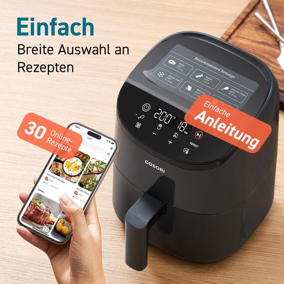 COSORI Heißluftfritteuse klein 2L, Mini-Airfryer für 1 Person, ideal für Camping, Reisen und Wohnmobile, schnell, kompakt, ohne Öl, energiesparend, Helles Schwarz