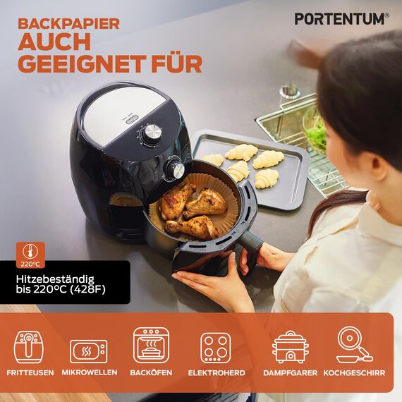 PORTENTUM Backpapier für Heißluftfritteuse 100 Stück, Einweg und ungebleicht. Geeignet für 3.5 bis 6 Liter. Lebensmittelechtes Backpapier, BPA-frei, FDA- und LFGB-zertifiziert