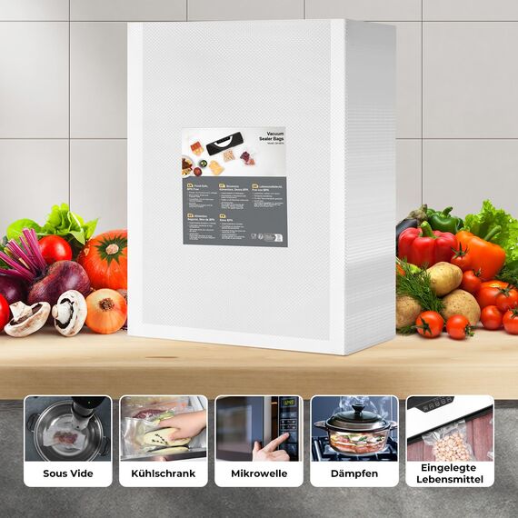 Vakuumierbeutel 100 Beutel 28x40cm, Profi Vakuumierfolie Vakuumbeutel für Vakuumierer & Lebensmittel Lagerung & Sous Vide Geeignet, Gefrierbeutel BPA-frei & Reißfest