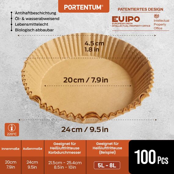 PORTENTUM Backpapier für Heißluftfritteuse 100 Stück, Einweg und ungebleicht. Geeignet für 5 bis 8 Liter. Lebensmittelechtes Backpapier, BPA-frei, FDA- und LFGB-zertifiziert