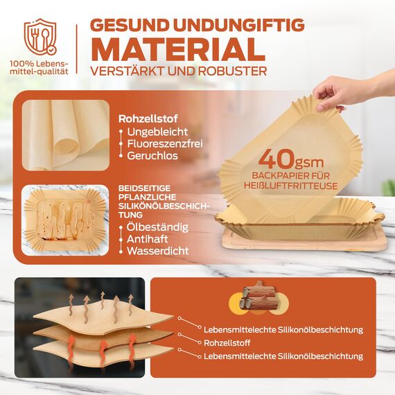PORTENTUM Backpapier für Heißluftfritteuse mit Doppelkammer, 100 Stück 22x14cm Rechteckig Airfryer Papier Liners kompatibel mit Ninja Dual/Double Stack, und Anderen Dual Zone Air Fryer