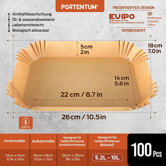 PORTENTUM Backpapier für Heißluftfritteuse mit Doppelkammer, 100 Stück 22x14cm Rechteckig Airfryer Papier Liners kompatibel mit Ninja Dual/Double Stack, und Anderen Dual Zone Air Fryer