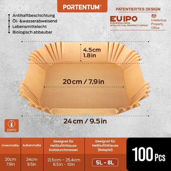 PORTENTUM Backpapier für Heißluftfritteusen, 100 Stück, BPA-frei, 20 × 24 cm, antihaftbeschichtet, wasserdicht und ölbeständig, Einweg-Pergamentliner, quadratisch, passend für Airfryer 4,7–7,3 L