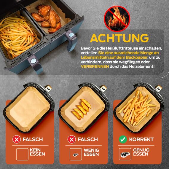 PORTENTUM Backpapier für Heißluftfritteuse mit Doppelkammer, 100 Stück 22x14cm Rechteckig Airfryer Papier Liners kompatibel mit Ninja Dual/Double Stack, und Anderen Dual Zone Air Fryer