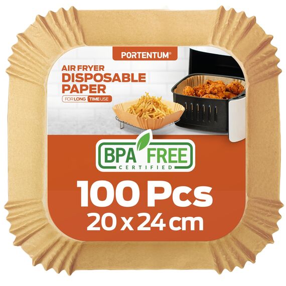 PORTENTUM Backpapier für Heißluftfritteusen, 100 Stück, BPA-frei, 20 × 24 cm, antihaftbeschichtet, wasserdicht und ölbeständig, Einweg-Pergamentliner, quadratisch, passend für Airfryer 4,7–7,3 L