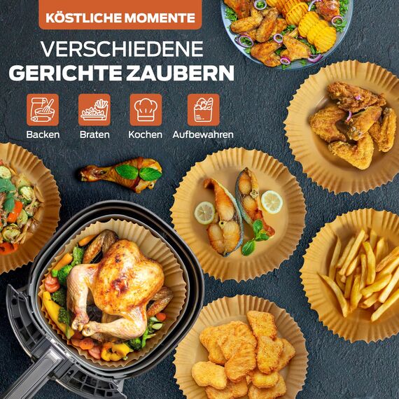 PORTENTUM Backpapier für Heißluftfritteuse 100 Stück, Einweg und ungebleicht. Geeignet für 5 bis 8 Liter. Lebensmittelechtes Backpapier, BPA-frei, FDA- und LFGB-zertifiziert