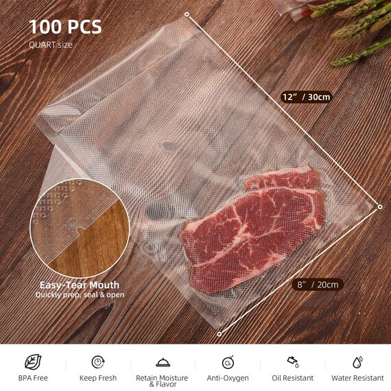 Vakuumierbeutel 20x30cm 100 Beutel, Vakuumierfolie Vakuumbeutel Lebensmittel, Profi-Folienbeutel für alle Vakuumierer und Sous Vide Geeignet, Gefrierbeutel BPA-frei