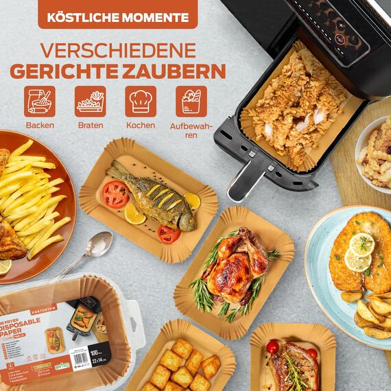 PORTENTUM Backpapier für Heißluftfritteuse mit Doppelkammer, 100 Stück 22x14cm Rechteckig Airfryer Papier Liners kompatibel mit Ninja Dual/Double Stack, und Anderen Dual Zone Air Fryer