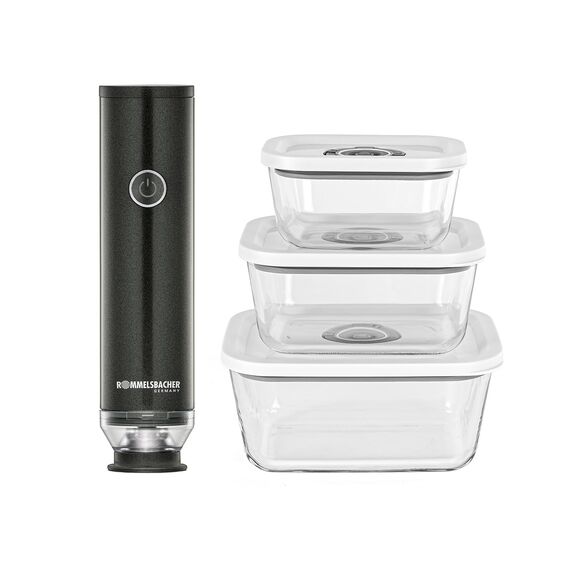 ROMMELSBACHER Hand Vakuumierer Set VAC 253/S, sekundenschnelles Vakuumieren, Ein-Hand-Bedienung, leistungsstark, langlebiger Akku, Aufladung über USB, inkl. 8 ZIP-Beutel, 3 Vakuum Glasbehälter