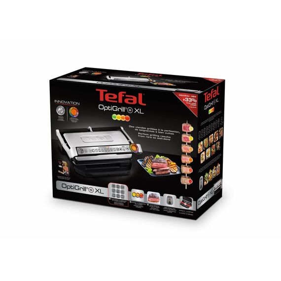 Tefal OptiGrill+ XL Kontaktgrill, 9 Programme, manueller Modus, 200 W, Garstufenanzeige, Dickemessung, Abnehmbare XL-Platten, Elektrogrill, Edelstahl, GC722D16