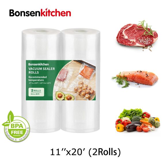 Bonsenkitchen Vakuumrollen, BPA-Frei, Thickened Grocery Beutel für die Konservierung von Lebensmitteln, Kochfest & Gefriergeeignet, BPA-frei, Ideal für Sous Vide, 2 Rollen 20cm x 600cm, TB05