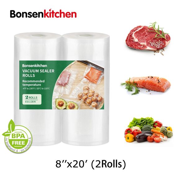 Bonsenkitchen Vakuumrollen, BPA-frei vakuumversiegelte Beutelkombination, Lebensmittel mit Diamond Pattern Food-grade Vakuumbeutel, Kochfest & Gefriergeeignet, Sous Vide, 2 Rollen, 20cm x 600cm, TB04