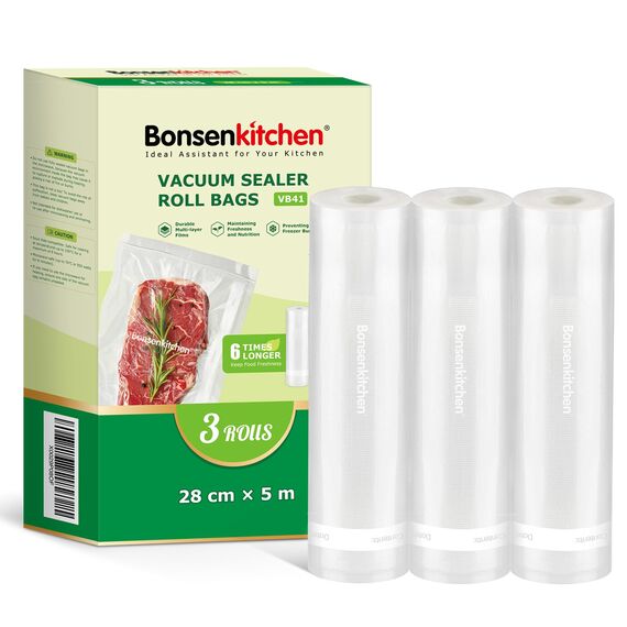 Bonsenkitchen Vakuumrollen 3 Rollen 28 cm x 5 m Vakuumierfolie - Profi Vakuumbeutel für Lebensmittel Vakuumiergerät, Kochfest und Sous Vide Gefrierbeutel, BPA-frei, VB41