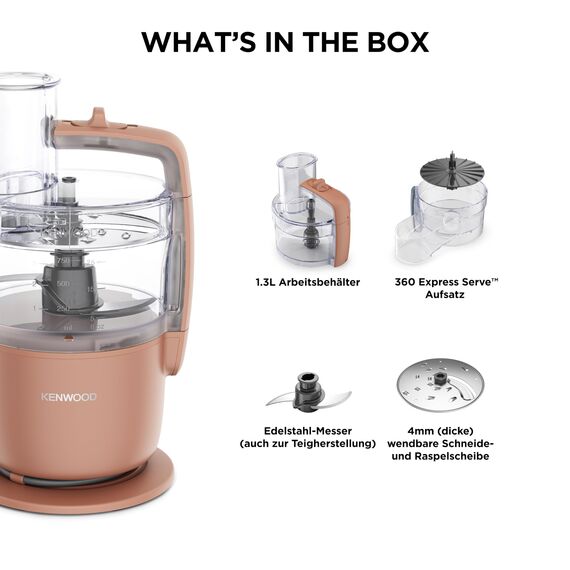 Kenwood MultiPro Go FDP22.​130RD, Küchenmaschine, Hacken, Schneiden, Reiben, Reduzieren in Püree und Kneten, 360° Express Serve, Schüssel 1,3 l, Knetklingen, 4 mm Scheibe, 650 W, Tonrot