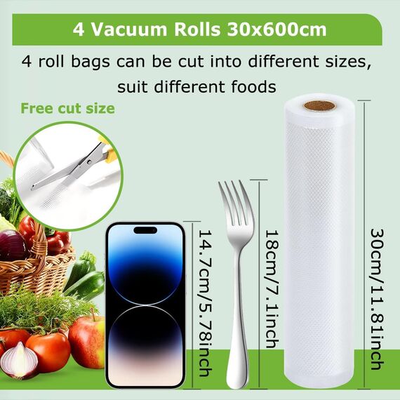Omtofo Vakuumierbeutel 4 Rollen Vakuumierfolie, 30 x 600cm Vakuumbeutel Lebensmittel, BPA-frei, reißfest, 190µm, Einschweißfolie für Vakuumierer, Mikrowellen and Sous Vide