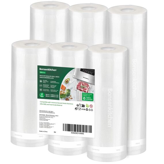 Bonsenkitchen Vakuumrollen 6 Rollen 20cm x 600cm + 28cm x 600cm Vakuumierfolie - Profi Vakuumbeutel für Vakuumierer Lebensmittel Vakuumiergerät, Kochfest und Sous Vide Gefrierbeutel, BPA-frei, VB3211