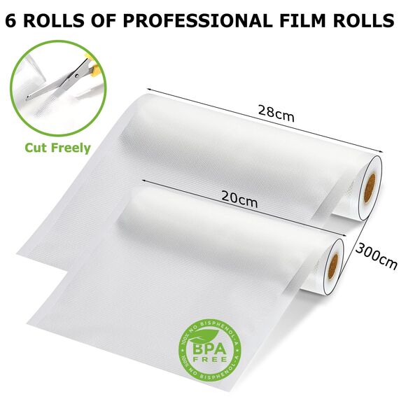 Omtofo Vakuumierbeutel Rolle 6 Rollen Vakuumierfolie, 20 x 300cm(3Rollen) & 28 x 300cm(3Rollen), BPA-frei, Reißfest, Lebensmittel Vakuumierrollen für alle Vakuumierer, Mikrowellen and Sous Vide
