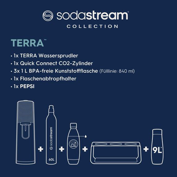 SodaStream Wassersprudler TERRA Promopack mit Quick-Connect CO2-Zylinder | inkl. 3x 1L FUSE Kunststoffflasche + Premium Flaschenabtropfhalter aus Edelstahl + SodaStream Sirup Pepsi Cola (440 ml)