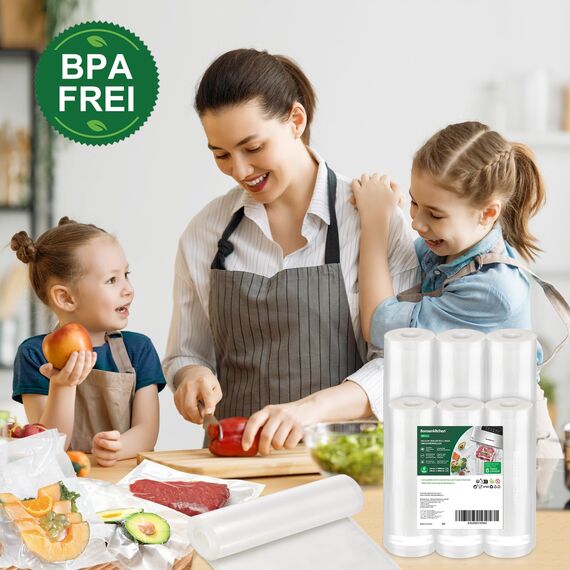 Bonsenkitchen Vakuumrollen 6 Rollen 20cm x 600cm + 28cm x 600cm Vakuumierfolie - Profi Vakuumbeutel für Vakuumierer Lebensmittel Vakuumiergerät, Kochfest und Sous Vide Gefrierbeutel, BPA-frei, VB3211