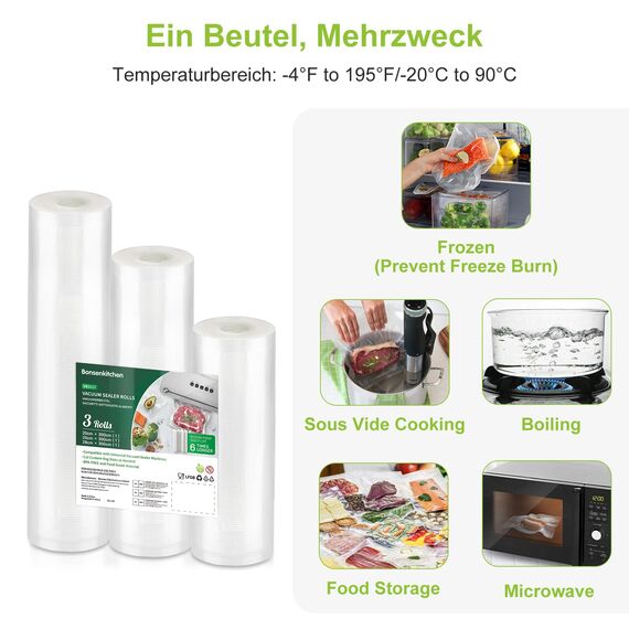 Bonsenkitchen Vakuumrollen 20|25|28x300cm gesamt 3 Rollen Vakuumierfolie - Profi Vakuumbeutel für Lebensmittel Vakuumiergerät, Kochfest und Sous Vide Gefrierbeutel, BPA-frei, VB3217