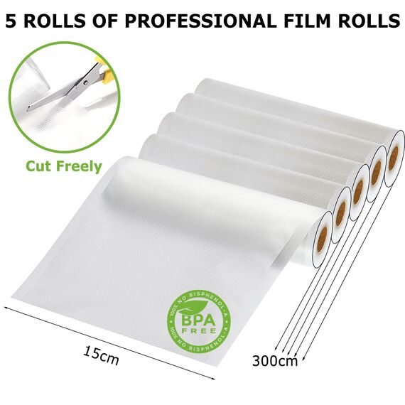 Omtofo Vakuumbeutel Lebensmittel 5 Rollen Vakuumierfolie, 15 x 300cm/Rolle Vakuumierbeutel, BPA-frei, reißfest, 190µm, Vakumierfolienrolle für Vakuumierer, Mikrowellen and Sous Vide