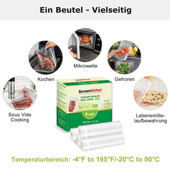 Bonsenkitchen Vakuumierbeutel 4 Rollen 20x500 cm, Vakuumierfolie Profi Vakuumbeutel Lebensmittel für Vakuumiergerät BPA-frei, Vakuumrollen Kochfest und Sous Vide Gefrierbeutel VB40