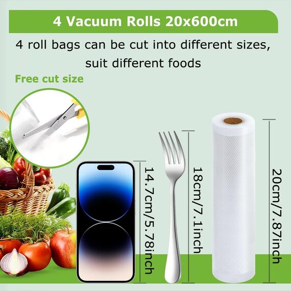 Omtofo Vakuumierbeutel 4 Rollen Vakuumierfolie, 20 x 600cm Vakuumierbeutel Lebensmittel, BPA-frei, reißfest, 190µm, Vakuumierrollen für Vakuumierer, Mikrowellen and Sous Vide