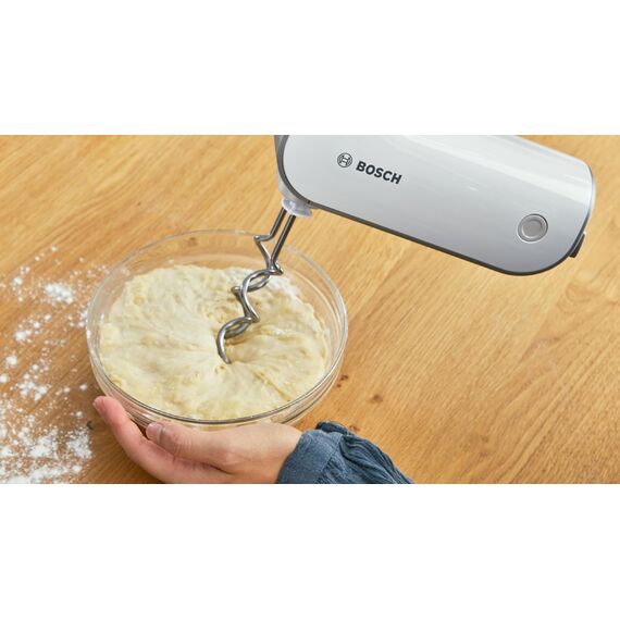 Bosch Handrührer Styline MFQ49300, 5 Stufen, 2 Edelstahl Rührbesen- und Knethaken, Spiralkabel, 850 W, weiß/dark silver