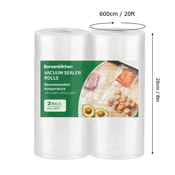 Bonsenkitchen Vakuumrollen, BPA-frei vakuumversiegelte Beutelkombination, Lebensmittel mit Diamond Pattern Food-grade Vakuumbeutel, Kochfest & Gefriergeeignet, Sous Vide, 2 Rollen, 20cm x 600cm, TB04