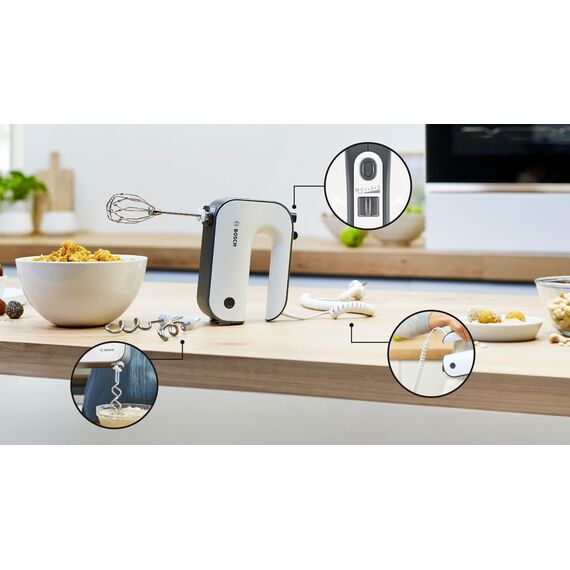 Bosch Handrührer Styline MFQ49300, 5 Stufen, 2 Edelstahl Rührbesen- und Knethaken, Spiralkabel, 850 W, weiß/dark silver