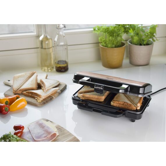 Bestron XL Sandwichmaker, Antihaftbeschichteter Sandwich-Toaster für 2 Sandwiches, inkl. automatischer Temperaturregelung & Bereitschaftsanzeige, 900 Watt, Farbe: Schwarz/Kupfer