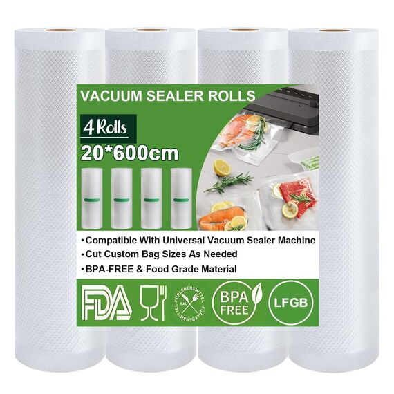 Omtofo Vakuumierbeutel 4 Rollen Vakuumierfolie, 20 x 600cm Vakuumierbeutel Lebensmittel, BPA-frei, reißfest, 190µm, Vakuumierrollen für Vakuumierer, Mikrowellen and Sous Vide