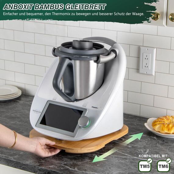 ANBOXIT Gleitbrett für Thermomix TM6/TM5, Brett für Thermomix mit Rollen, Leicht Gleitendes Bambus Rollbrett/Slider - Bambus