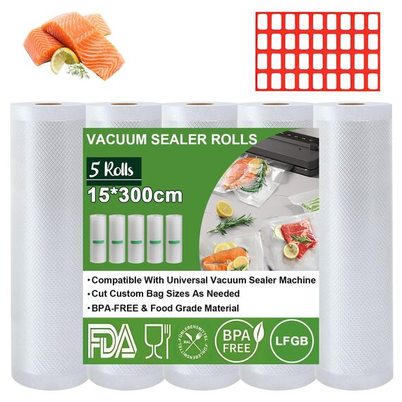 Omtofo Vakuumbeutel Lebensmittel 5 Rollen Vakuumierfolie, 15 x 300cm/Rolle Vakuumierbeutel, BPA-frei, reißfest, 190µm, Vakumierfolienrolle für Vakuumierer, Mikrowellen and Sous Vide
