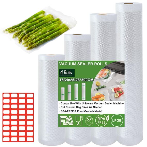 Omtofo Vakuumbeutel 4 Rollen 15/20/25/28x300cm Vakuumfolie Vakuumierbeutel Lebensmittel, BPA-frei, Reißfest, 190µm, Rolle Vakuumfolie für alle