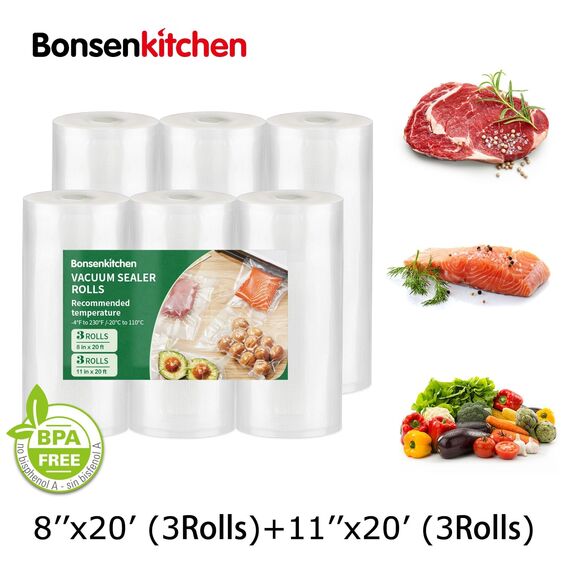 Bonsenkitchen Vakuumrollen, BPA-frei, Versatile Food Freshness Roll, Ideale Lebensmittelverpackungen für Kichen, Restaurant und Outdoor Events, 3 Rollen 28x600cm + 3 Rollen 20x600cm, TB06