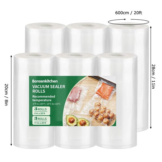Bonsenkitchen Vakuumrollen, BPA-frei, Versatile Food Freshness Roll, Ideale Lebensmittelverpackungen für Kichen, Restaurant und Outdoor Events, 3 Rollen 28x600cm + 3 Rollen 20x600cm, TB06