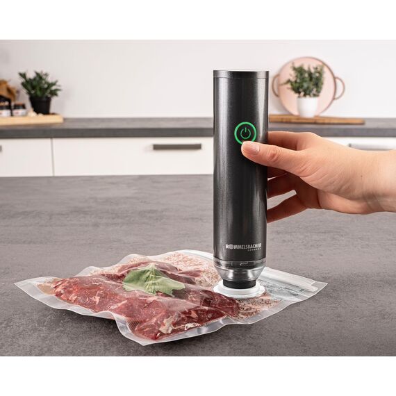 ROMMELSBACHER Hand Vakuumierer VAC 25, sekundenschnelles Vakuumieren, Ein-Hand-Bedienung, leistungsstark, langlebiger Akku, Aufladung über USB, inkl. 8 ZIP-Beutel