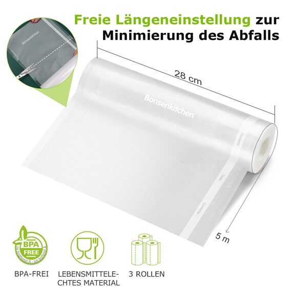 Bonsenkitchen Vakuumrollen 3 Rollen 28 cm x 5 m Vakuumierfolie - Profi Vakuumbeutel für Lebensmittel Vakuumiergerät, Kochfest und Sous Vide Gefrierbeutel, BPA-frei, VB41