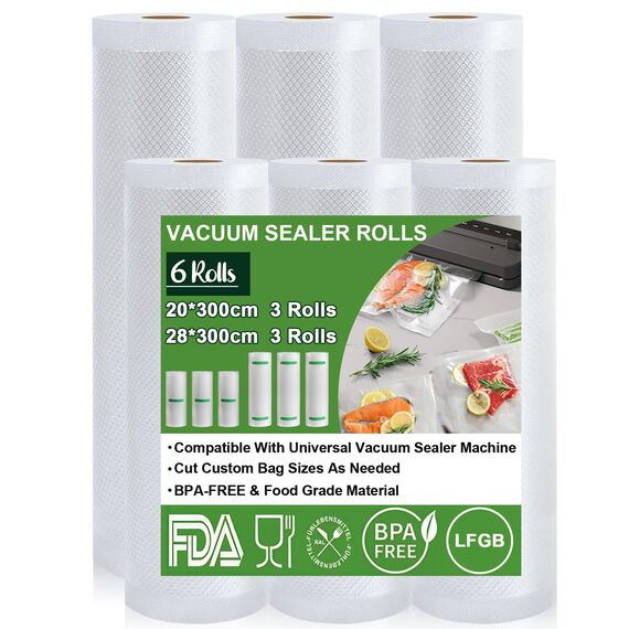Omtofo Vakuumierbeutel Rolle 6 Rollen Vakuumierfolie, 20 x 300cm(3Rollen) & 28 x 300cm(3Rollen), BPA-frei, Reißfest, Lebensmittel Vakuumierrollen für alle Vakuumierer, Mikrowellen and Sous Vide