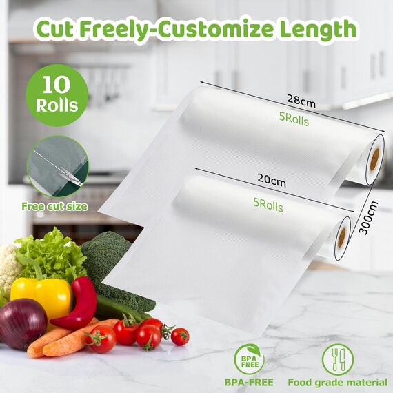 Omtofo Vakuumierrollen 5 Rollen 28x300cm + 5 Rollen 20x300cm Vakuumierfolie - Profi Vakuumbeutel für Vakuumierer Lebensmittel Vakuumiergerät, Kochfest und Sous Vide Gefrierbeutel, BPA-frei
