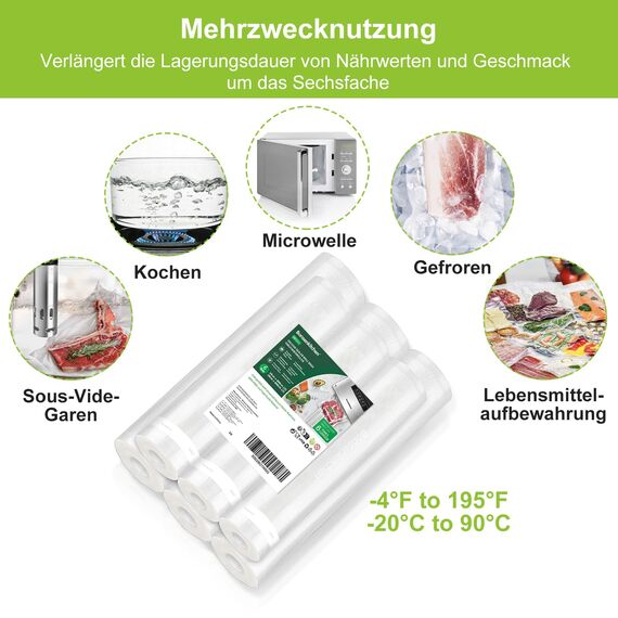 Bonsenkitchen Vakuumrollen 6 Rollen 20cm x 600cm + 28cm x 600cm Vakuumierfolie - Profi Vakuumbeutel für Vakuumierer Lebensmittel Vakuumiergerät, Kochfest und Sous Vide Gefrierbeutel, BPA-frei, VB3211
