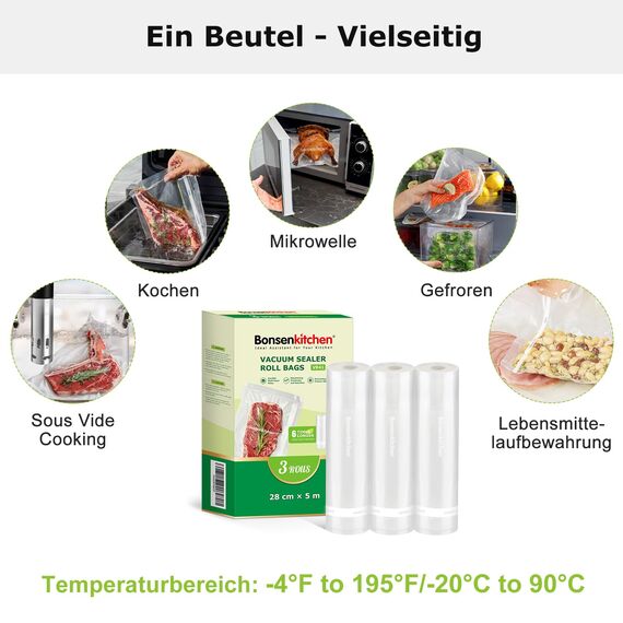 Bonsenkitchen Vakuumrollen 3 Rollen 28 cm x 5 m Vakuumierfolie - Profi Vakuumbeutel für Lebensmittel Vakuumiergerät, Kochfest und Sous Vide Gefrierbeutel, BPA-frei, VB41