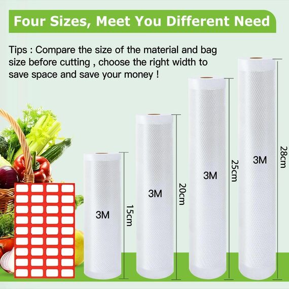 Omtofo Vakuumbeutel 4 Rollen 15/20/25/28x300cm Vakuumfolie Vakuumierbeutel Lebensmittel, BPA-frei, Reißfest, 190µm, Rolle Vakuumfolie für alle