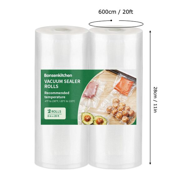 Bonsenkitchen Vakuumrollen, BPA-Frei, Thickened Grocery Beutel für die Konservierung von Lebensmitteln, Kochfest & Gefriergeeignet, BPA-frei, Ideal für Sous Vide, 2 Rollen 20cm x 600cm, TB05