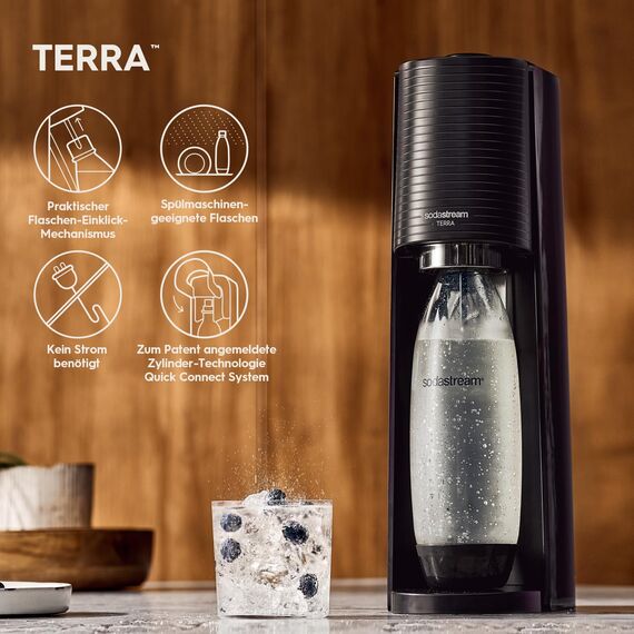 SodaStream Wassersprudler TERRA Promopack mit Quick-Connect CO2-Zylinder | inkl. 3x 1L FUSE Kunststoffflasche + Premium Flaschenabtropfhalter aus Edelstahl + SodaStream Sirup Pepsi Cola (440 ml)